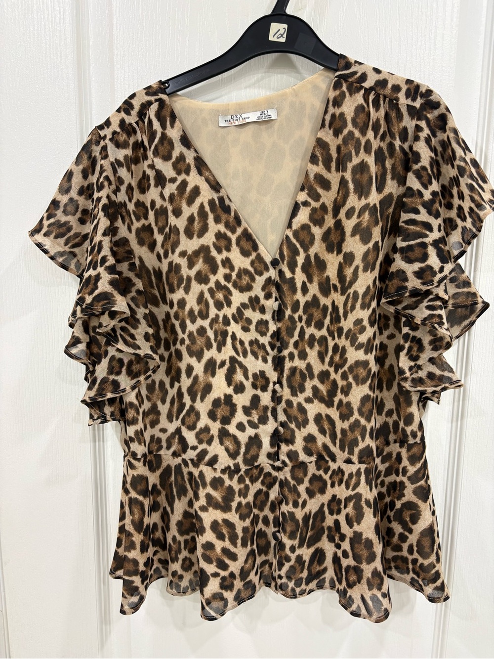 Leopard Print V-Neck Ruffle Sleeve Peplum Top - Brown